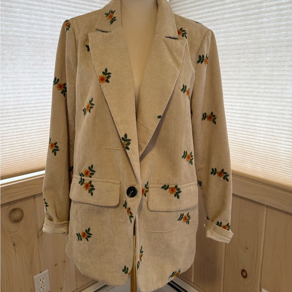 Corduroy Blazer Floral Embroidery Womens Size Small